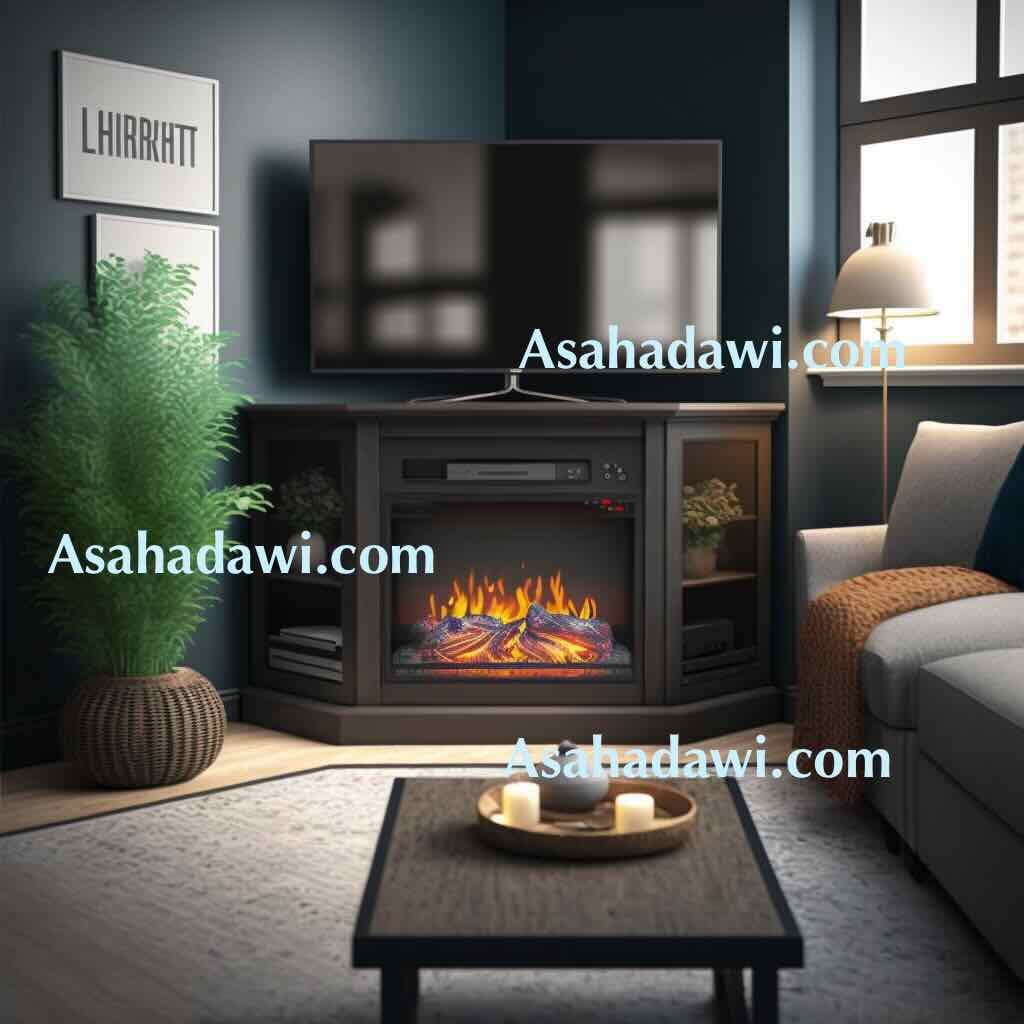 Corner Entertainment Center With Fireplace with beautiful burning detailed fire, photography, photorealistic, studio photography, hdr, 8k, cinematic color lighting, Warm and cozy glass interior of tall glass fireplace in the living room space with sofa, pouf, beige carpet, lamp, mock up poster frame, decoration, plant and coffee table. cozy glass home decor. Template dramatic lighting, illuminated face lighting, Cannon EOS 5D Mark III, 85mm, volumetric lighting, high quality, photorealistic, symmetrical, full view, atmosphere lights, 4k, interior design magazine, AD magazine ,elle decorated magazine, 50mm, 4k, hyper detailed, octane render, cinematic, centered, DSLR, Cinestill 35mm film, volumetric lighting.