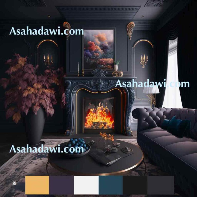 Color palette with small corner rococo black fireplace with paint palette and colors palette . corner fireplace Architectural Visualisation, interior design, stunning modern villa, Frederick hart ornament with huge living room with corner Fireplace with beautiful burning detailed fire, photography, photorealistic, studio photography, hdr, 8k, cinematic color lighting, Warm and cozy interior fireplace in the living room space with sofa, pouf, beige carpet, lamp, mock up poster frame, decoration, plant and coffee table. cozy glass home decor. Template dramatic lighting, illuminated face lighting, Cannon EOS 5D Mark III, 85mm, volumetric lighting, high quality, photorealistic, symmetrical, full view, atmosphere lights, 4k, interior design magazine, AD magazine ,elle decorated magazine, 50mm, 4k, hyper detailed, octane render, cinematic, centered, DSLR, Cinestill 35mm film , volumetric lighting