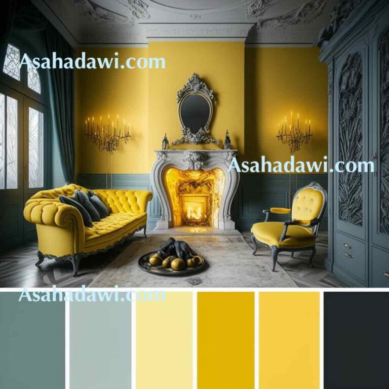 Color palette with small corner rococo yellow fireplace with paint palette and colors palette . corner fireplace Architectural Visualisation, interior design, stunning modern villa, Frederick hart ornament with huge living room with corner Fireplace with beautiful burning detailed fire, photography, photorealistic, studio photography, hdr, 8k, cinematic color lighting, Warm and cozy interior fireplace in the living room space with sofa, pouf, beige carpet, lamp, mock up poster frame, decoration, plant and coffee table. cozy glass home decor. Template dramatic lighting, illuminated face lighting, Cannon EOS 5D Mark III, 85mm, volumetric lighting, high quality, photorealistic, symmetrical, full view, atmosphere lights, 4k, interior design magazine, AD magazine ,elle decorated magazine, 50mm, 4k, hyper detailed, octane render, cinematic, centered, DSLR, Cinestill 35mm film , volumetric lighting